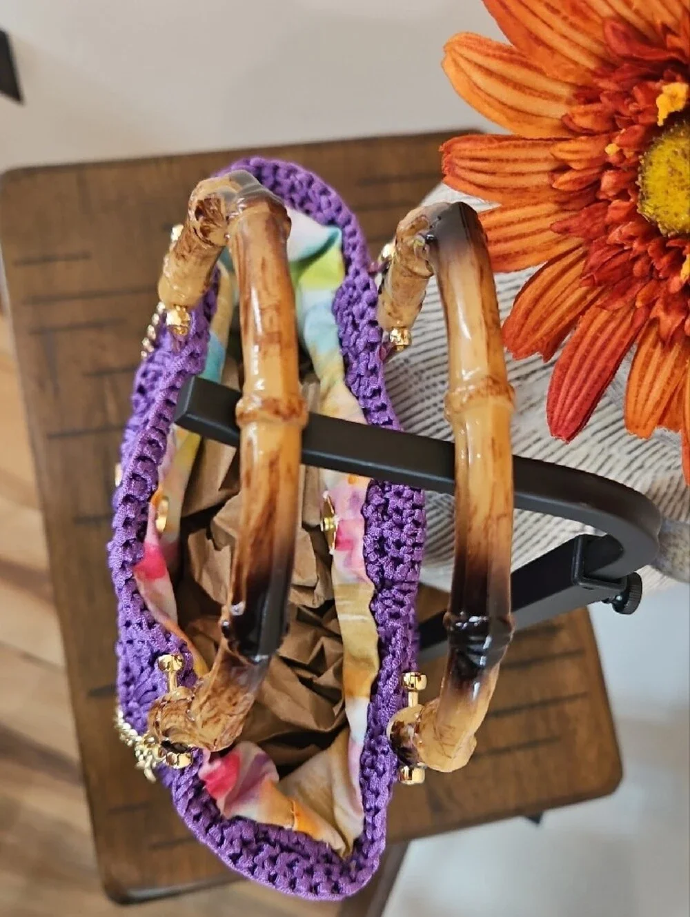 Hand Crocheted Purple Hand Bag with Bamboo Handles - Picture 2 of 4